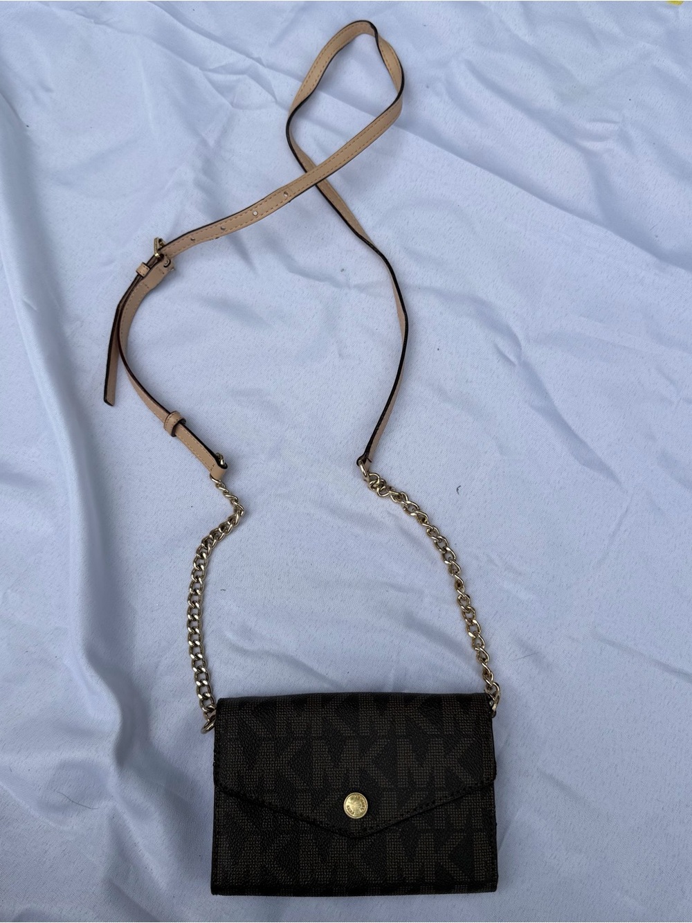 Michael Kors Brown Jet Set Monogram Crossbody Wallet with Gold Chain